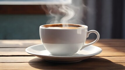 Obraz premium Steaming coffee in a white cup on a wooden table, bathed in soft light.