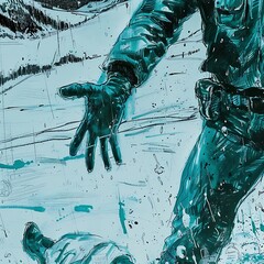 Intense moment portrayed through artistic rendering of an emergency situation in snowy peaks