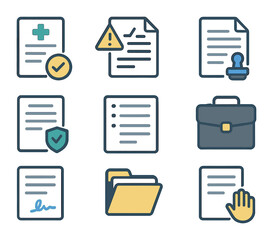 Healthcare Legal Icons. Flat icon set of healthcare legal documents: medical waiver, liability form, notarized