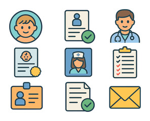 Pediatric Permissions Icons. Flat icon set of pediatric medical permissions: child profile, parent consent