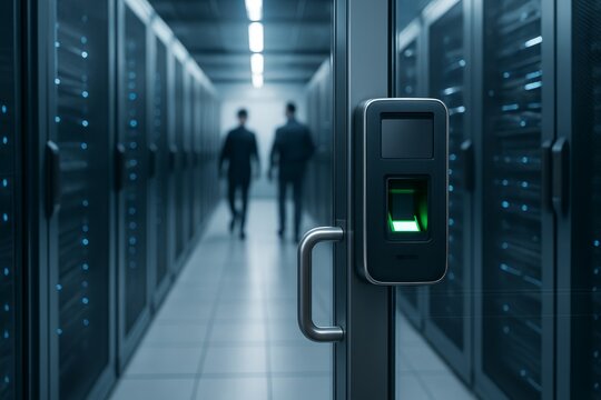 Two professionals entering a data center through a secure biometric access door - Powered by Adobe