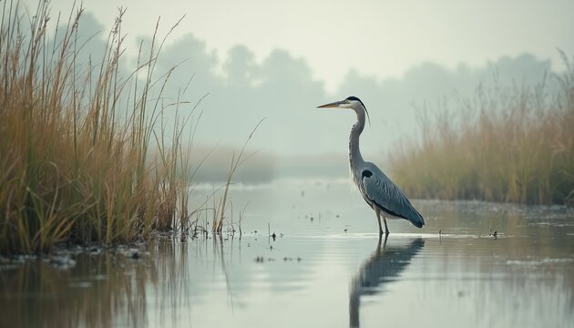Grey heron stands in Louisiana marsh, scenic nature of USA. Bird at water edge, wild, looking for fish. Swamp landscape, green vegetation, foggy weather. Wildlife, avifauna, ecosystem, ecology.
