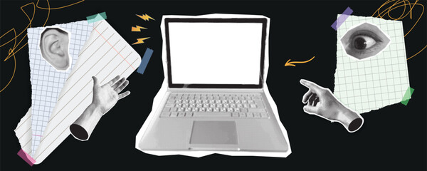 Halftone Cutout Collage with Hands Ear Eye Torn Paper and Laptop