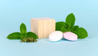  Natural Spa Composition with Wooden Cube, Mint Leaves, and Stones