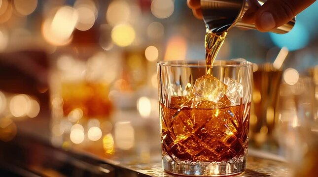 Golden whiskey pouring into a glass with ice on a bar counter