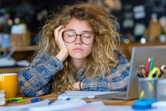 Exhausted freelancer sleeping at desk in coworking space