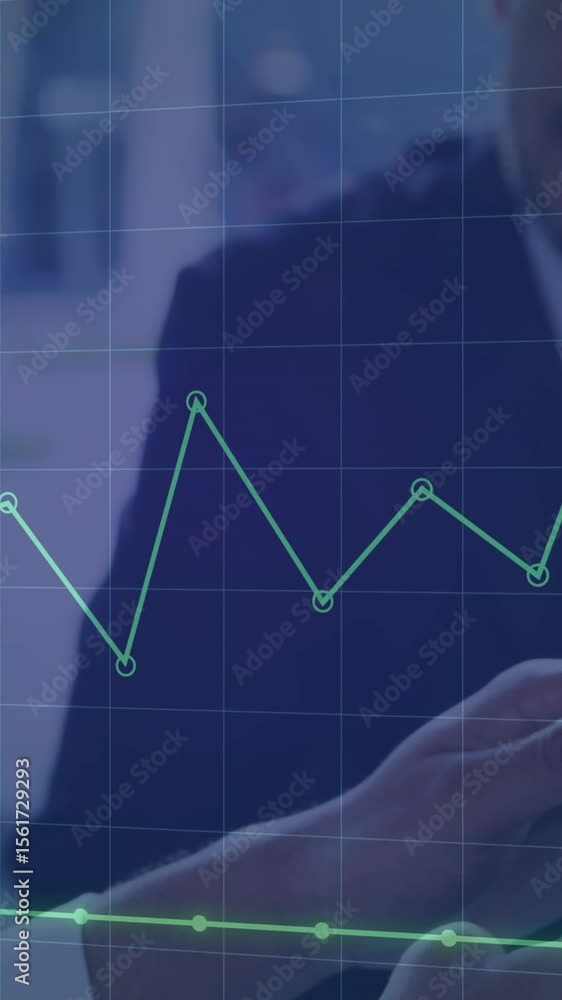 Poster animation of dots forming graph over grid pattern against diverse coworkers discussing reports