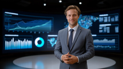 Executive Standing by Screen Showing Procurement Analytics and KPIs