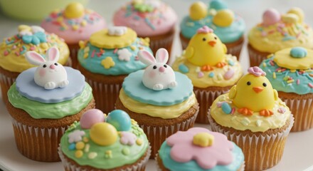 Pastel Easter Cupcakes with Bunny and Chick Decorations