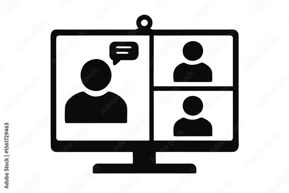 Poster modern icon depicting video conferencing platform interface displaying three participants with one h