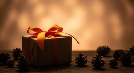 A single gift box with an orange ribbon sits on a wooden surface surrounded by pine cones