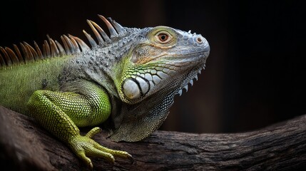 A close-up shot of a green iguana on a wooden surface showcases its detailed scales and vibrant colors, all set against a natural backdrop