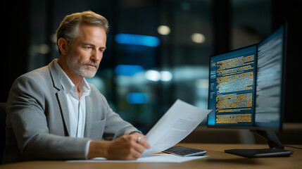 Businessman Comparing Digital Contracts and Invoices on Dual Screens