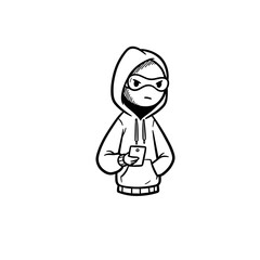 Cartoon character with mask and hoodie holding smartphone  