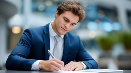 Professional signing a digital contract in a modern office setting