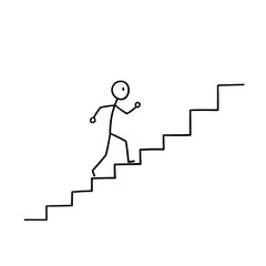 Stick figure running up stairs in simple black line art  