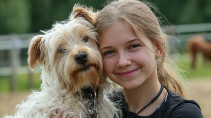 Girl with Horse and Dog: A Happy Pet Owner Socializing with Best Friends