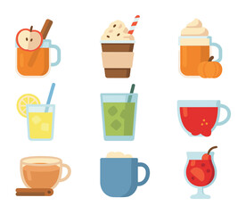Seasonal Drinks Icons. Flat icon set of seasonal non-alcoholic drinks: hot apple cider, peppermint mocha,