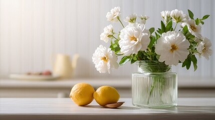 Charming kitchen still life with vibrant spring flowers and fresh lemons on a rustic table.
