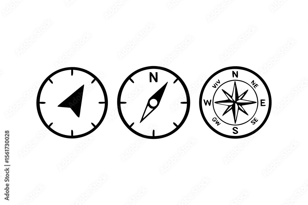 Poster three compass icons depicting navigation styles for exploration or games highlighting black and whit