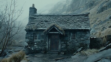 Isolated stone cottage nestled against a mountain backdrop shrouded in mystery and tranquility its