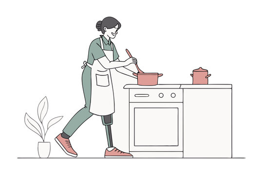 woman cooking in kitchen, line art style clip art preview