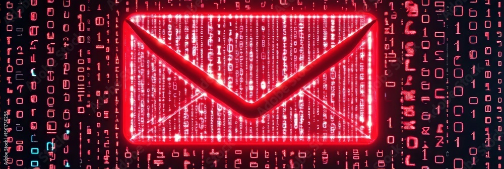 Poster spam email threat visualization in red cyber space with virus and cybersecurity elements