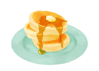 シロップの垂れるパンケーキの水彩画