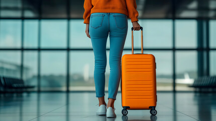 A woman is holding an orange suitcase with wheels, walking towards the airport entrance door.