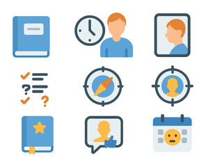 Introspection Icon Set. Flat icon set of introspection and self-check-ins: diary, clock and person, reflective