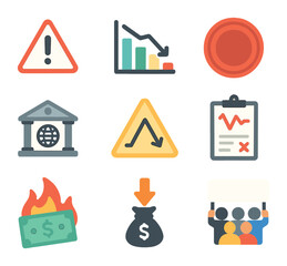 Debt Crisis Icons. Flat icon set of debt crisis elements: danger icon, collapsing bar chart, national debt