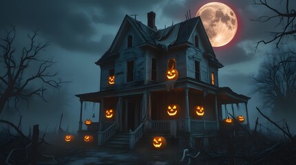 Eerie Halloween: Haunted House with Glowing Jack-o'-Lanterns under a Full Moon