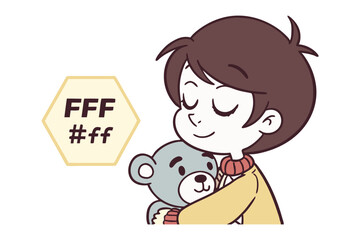 A Kid and teddy bear: This image is an illustration, a charming scene of a young kid embracing a beloved teddy bear. It uses soft colors and a simple style that depicts a feeling of warmth.