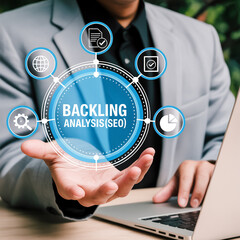 A professional marketing image showing a hand holding a floating holographic blue circular interface with BACKLING ANALYSIS(SEO) text in white letters at the center.