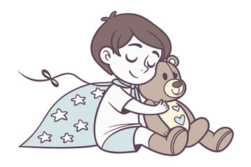 Dreamy Embrace: A young child, cloaked in a starry cape, finds solace and comfort as they tenderly embrace their cherished teddy bear. A captivating illustration for storybooks. 