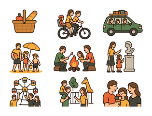 Family Weekend Icons. Flat icon set of family weekend moments: picnic basket, bicycle ride, family car trip,