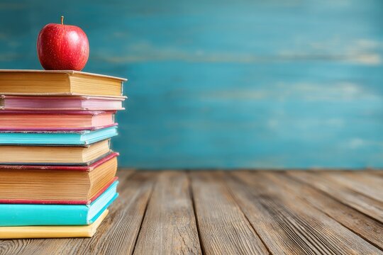Stack of colorful books with a red apple on top, on a wooden table against a teal-blue background