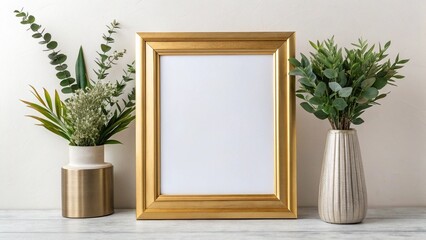 Fototapeta premium Gold Frame Mockup: Blank Canvas, Greenery, Elegant Vases, Minimalist Style, Modern Home Decor