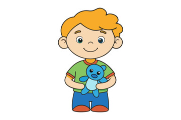 Little Boy's Treasured Companion: A young boy clutching a cuddly blue teddy bear. This charming cartoon illustration embodies childhood joy and the sweet comfort of a cherished toy.