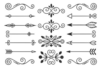 Fototapeta premium Ornamental Decorative Borders with Arrows, Swirls, and Floral Accents in Elegant Hand-Drawn Black Vector. Vintage Dividers for Layout Projects and Invitations.