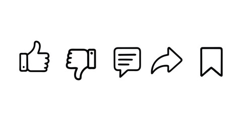 Collection of Social Media Icons Depicting Like Dislike Comment Share and Save Functionalities for Online Content Interaction