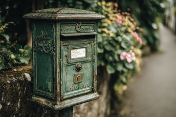 Green Mailbox Vintage. Ancient Old Fashion Envelope on Street Background