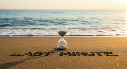 Hourglass on sand on beach with sea in background with inscription "Last minute", sale offer summer vacation, holiday travel, tourism, travel agency, background concept.