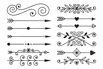 Fototapeta premium Elegant Hand-Drawn Black Vector Divider Set Featuring Arrows, Floral Curves, and Ornamental Swirls. Vintage Design Elements for Layout Templates and Invitations.