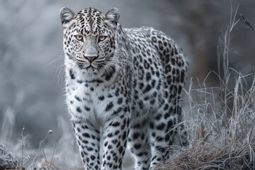 Fototapeta premium Grey Leopard Staring: Majestic Wildcat Carnivore in its Natural Habitat
