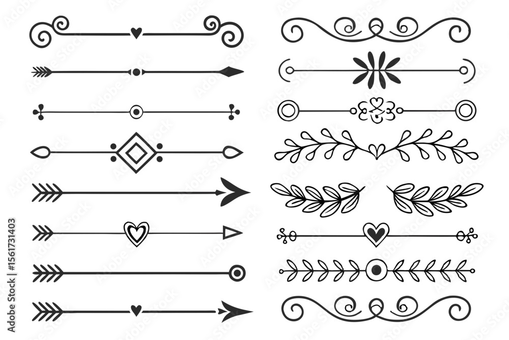 Fototapete black vector divider set featuring elegant hand-drawn arrows and floral swirls with curved ornaments
