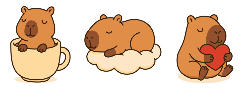 Adorable capybara illustrations in kawaii style: one sleeping in a cup, another on a cloud, and the last holding a heart. Perfect for creating a cute, peaceful, and loving atmosphere in any project.