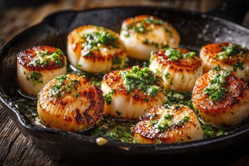 Grilled Scallops Dinner. Seared Scallops in Garlic Butter Cooked with Parsley in Cast Iron Skillet