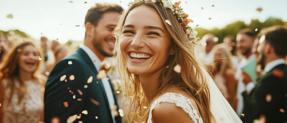Joyful bride and groom celebrate with confetti at a rustic wedding, surrounded by smiling guests