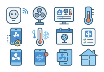 Smart Home Icon Set. Flat icon set of smart home cooling integration: smart plug, Wi-Fi fan, home assistant